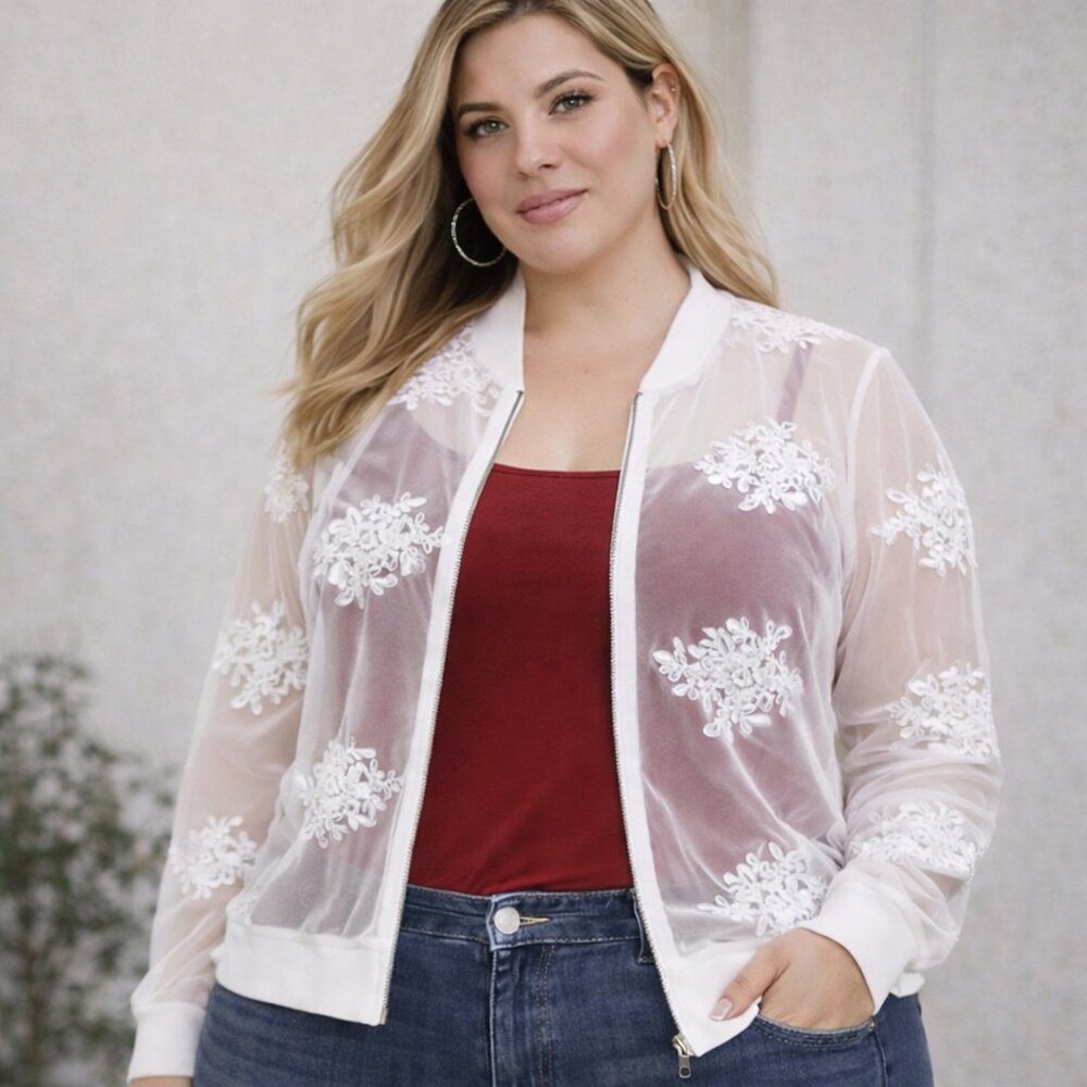 Torrid Size 4X Sheer Ivory Embroidered Mesh Zip‎ Up Bomber Jacket Boho Romantic
